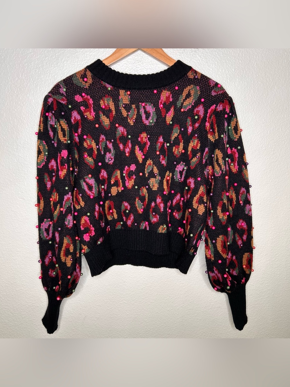 Farm Rio Black Ikat - Dyed Leopard Ball Sweater extra small